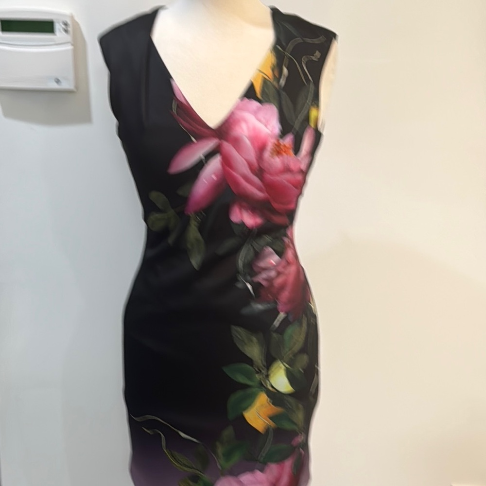 Ted Baker Pink and Green Sheath Dress V-Neck Sleeveless Midi